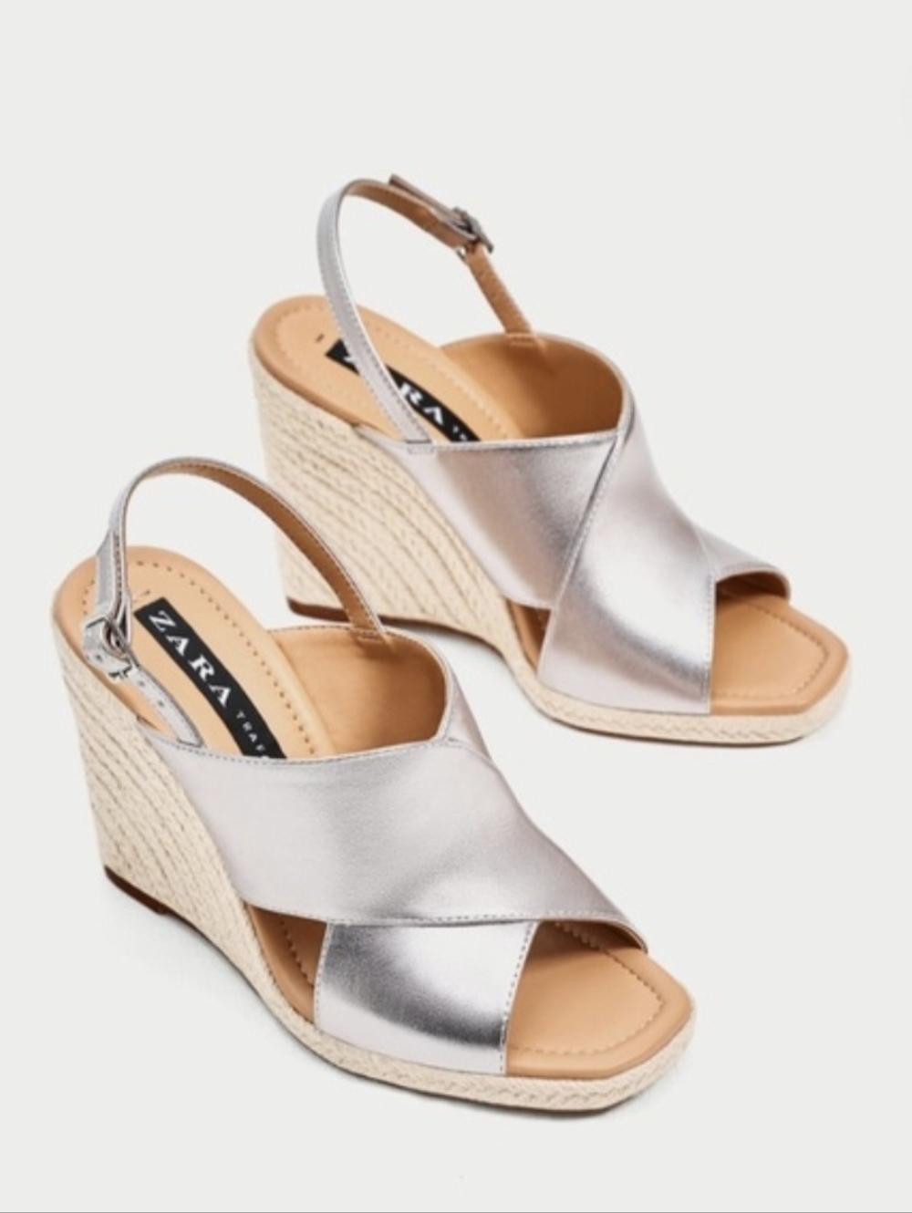 Zara TRF Metallic Silver Espadrille Wedge 37 Sandals Slingback Platform Mrtallic